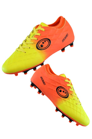 Pair of orange and fluro yellow Optimum Ignisio football boots, moulded studs and black ring logo, angled on white - Optimum