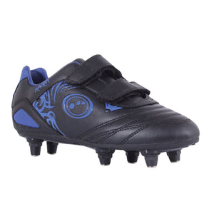 Black and blue junior Optimum Razor football boot, angled view with blue tribal print and twin touch-fasten straps - Optimum