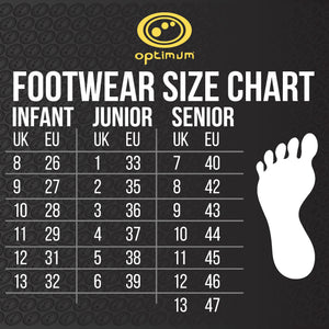 Optimum footwear size chart with UK and EU sizes for infant, junior and senior, yellow logo on black - Optimum