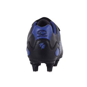 Black and blue junior Optimum Razor football boot, rear heel view with blue logo and screw-in studs - Optimum