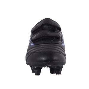 Black junior Optimum Razor football boot, front-on view with twin touch-fasten straps and screw-in studs - Optimum