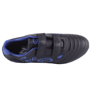 Black junior Optimum Razor football boot, top-down view with blue lining, blue print and twin touch-fasten straps - Optimum