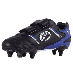 Black and blue Optimum Tribal football boot with twin hook-and-loop straps and screw-in studs, side view - Optimum