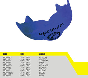 Blue Optimum Matrix mouthguard with black logo above code, size and colour options table - Optimum