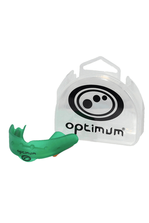 Green Optimum Matrix mouthguard beside clear plastic carry case with black logo, on white - Optimum