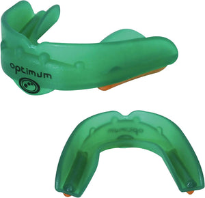 Green Optimum Matrix mouthguard, two views with orange base and black logo, on white background - Optimum