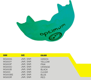 Green Optimum Matrix mouthguard with black logo above size and colour code chart on yellow and white - Optimum