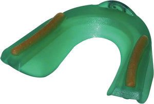 Green translucent Optimum Matrix mouthguard, angled close-up with orange gel channels, on white - Optimum
