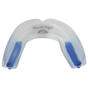 Clear Optimum Matrix mouthguard top view showing U-shape with blue gel channels, on white - Optimum