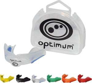 Clear Optimum Matrix mouthguard with branded case and colour options: yellow, black, green, orange, red - Optimum