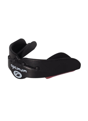 Black Optimum Matrix mouthguard with white logo beside clear branded storage case, on white - Optimum