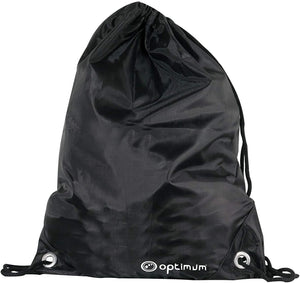 Black Optimum drawstring gym sack with white logo and corner eyelets, filled, on white - Optimum