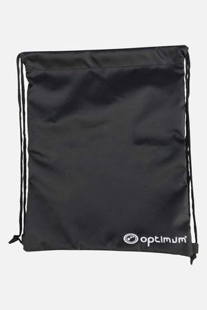 Black Optimum drawstring gym sack with white logo, front view on white - Optimum