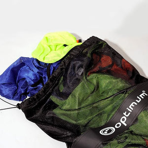 Black mesh Optimum bib bag filled with green, blue, red and yellow bibs, white logo, on white - Optimum