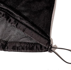 Close-up of black mesh Optimum bib bag drawstring toggle closure, on white - Optimum