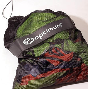Black mesh Optimum bib bag with white logo band, packed with green and red bibs and drawstring - Optimum