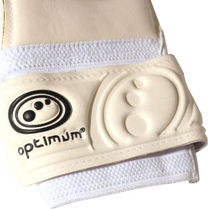 Close-up of Optimum Mosquito MX Pro goalkeeper glove strap with black Optimum logo - Optimum