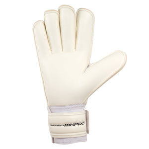 White Optimum Mosquito MX Pro goalkeeper glove, palm view with MX Pro strap, on white - Optimum