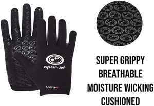 Black Optimum Multi-X glove feature graphic: super grippy, breathable, moisture wicking, cushioned - Optimum