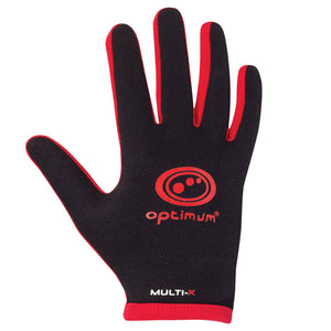 Black and red Optimum Multi-X full-finger glove, back of hand with red logo and Multi-X branding on white - Optimum