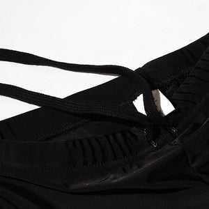 Close-up of black Optimum Multi-X shorts waistband with drawstring, on white - Optimum