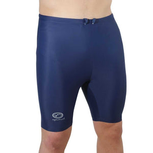 Man wearing navy Optimum Multi-X compression shorts, front view with logo on thigh, on white - Optimum