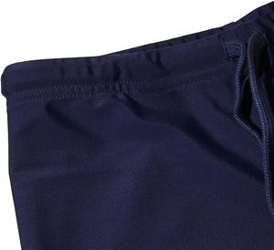 Close-up of navy Optimum Multi-X shorts elasticated waistband corner, on white - Optimum