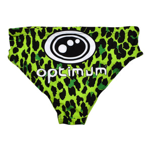 Optimum Tackle Trunks swim brief in neon green leopard print, flat front with white Optimum logo - Optimum
