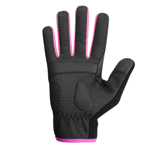 Black Optimum ladies cycling glove with padded palm and pink finger trim, palm view on white - Optimum