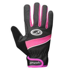 Black Optimum ladies cycling glove with pink swoosh and logo, back view on white - Optimum