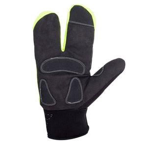 Optimum NiteBrite lobster cycling glove palm view, black padded grip palm with fluro yellow trim, on white - Optimum