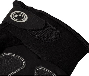 Close-up of Optimum NiteBrite glove black cuff with hook-and-loop strap and reflective logo, on white - Optimum