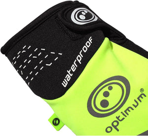 Close-up of Optimum NiteBrite glove cuff with black waterproof text and logo, fluorescent yellow back - Optimum