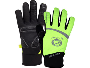 Fluorescent yellow and black Optimum NiteBrite waterproof cycling gloves, showing padded grip palm and hi-vis back - Optimum
