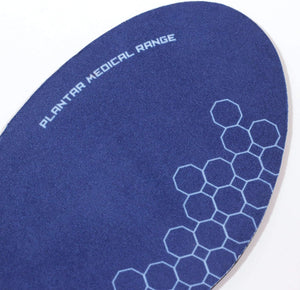 Close-up of blue Optimum insole heel with Plantar Medical Range text and hexagon print - Optimum