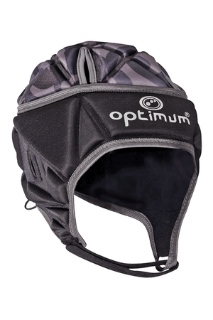 Silver camo Optimum rugby headguard with black padded sides, grey trim and chin strap, angled view on white - Optimum