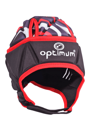 Black and red Optimum rugby headguard with red camo top, red trim and white logo, angled front view on white - Optimum
