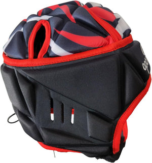 Black and red Optimum rugby headguard side view with ear vent slots, red trim and red camo top, on white - Optimum
