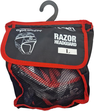 Optimum Razor headguard in black and red mesh drawstring bag with hanger and branded label, on white - Optimum