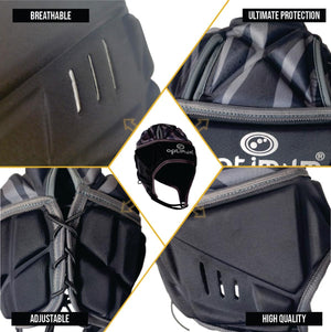 Optimum rugby headguard feature infographic: breathable vents, adjustable lacing, padded panels, black - Optimum