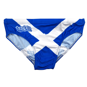 Blue and white Scotland saltire Optimum tackle trunks with Tackle Trunks logo, flat lay - Optimum