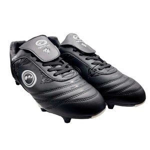 Pair of black Optimum Razor lace-up football boots with grey tongue, white logo and studded soles, on white - Optimum