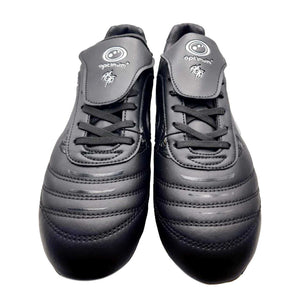 Black Optimum Razor lace-up football boots, top-down front view of pair with grey tongue and white logo - Optimum