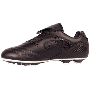 Black Optimum Razor football boot, inner side view, tonal black upper and white moulded-stud sole, on white - Optimum