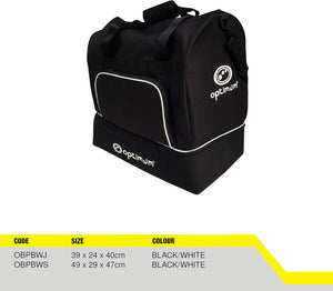Black Optimum player kit bag with white piping and logo, separate boot compartment, on white with size chart - Optimum