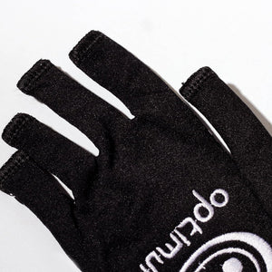 Close-up of black Optimum Stik Mits fingerless glove showing cut-off fingertips and white logo on white - Optimum