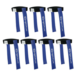 Seven black Optimum tag rugby belts with blue flags and white logo print, arranged on white