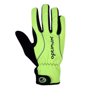 Fluorescent yellow full-finger winter cycling glove, back view with black logo and wrist strap, on white - Optimum