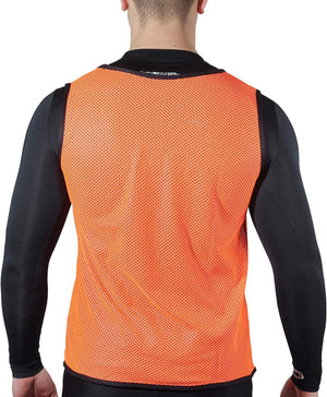 Person wearing an orange Optimum mesh training bib over black kit, rear view on white - Optimum