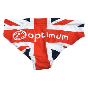 Union Jack print Optimum tackle trunks in red, white and blue with white logo, flat lay - Optimum